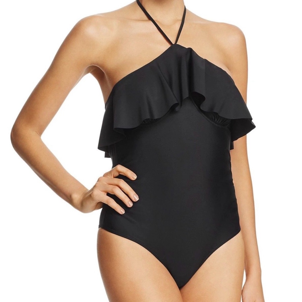 6 Shore Road by Pooja Black Ruffle Neck 1 Piece Maillot Size Small Swimsuit